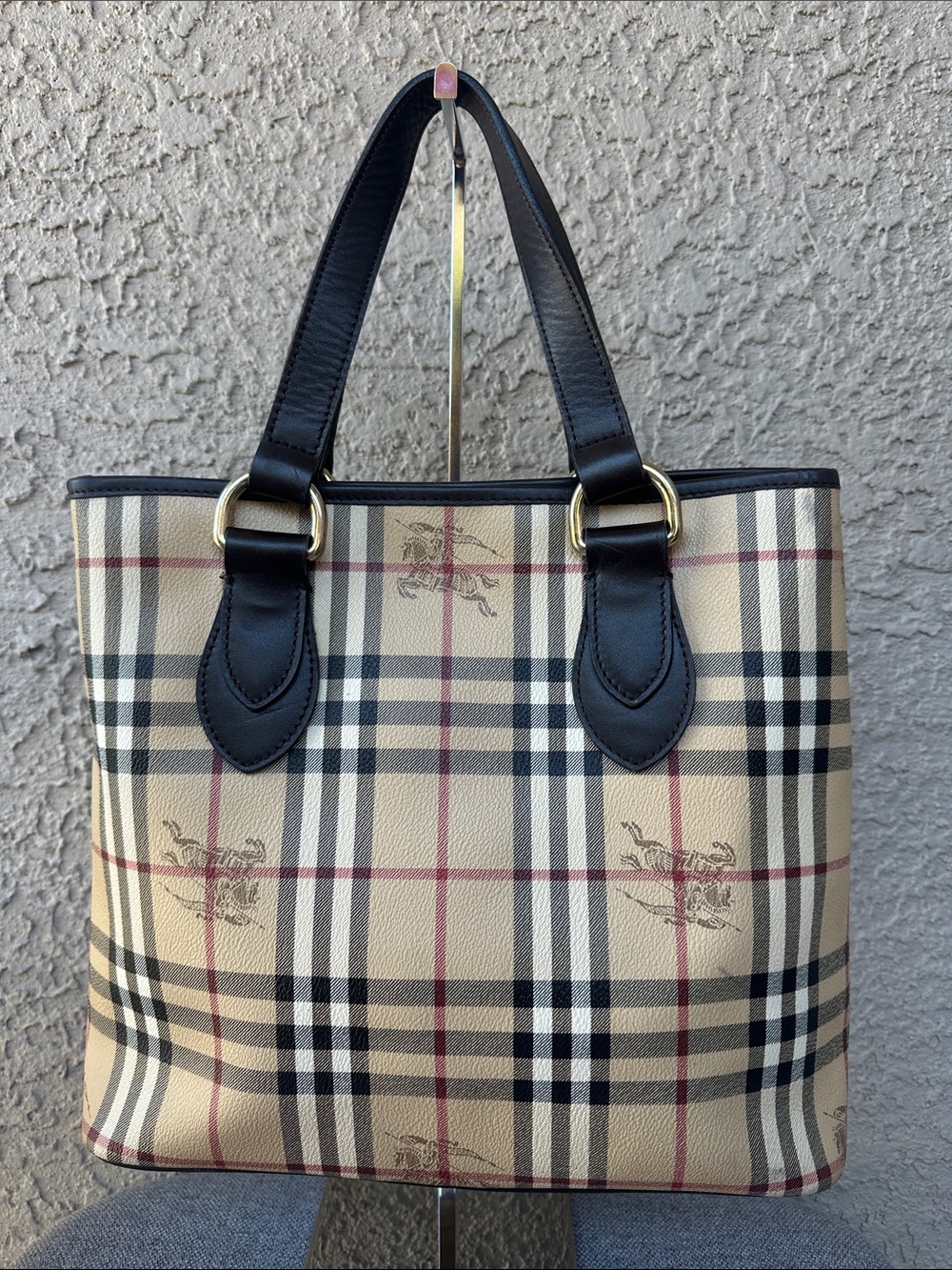 BURBERRY Plaid Tote Bag with Black Leather Handles